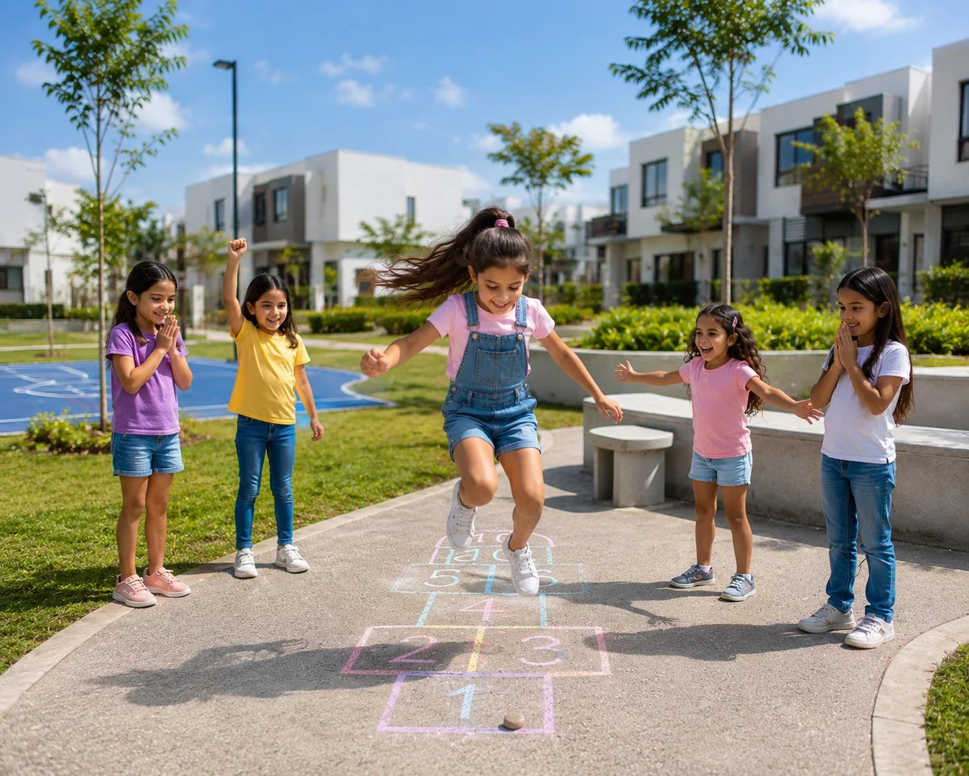 Niñas jugando rayuela en el parque infantil de Mont-Real Villas