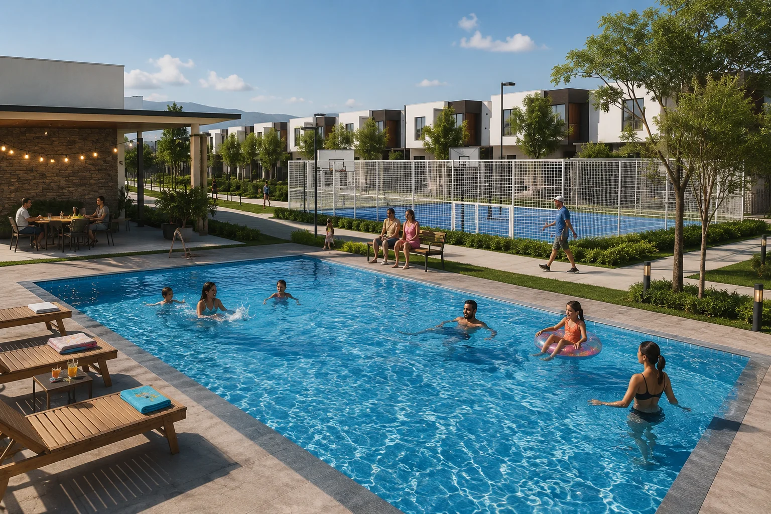 Piscina familiar con áreas sociales y cancha multiuso en Mont-Real Villas